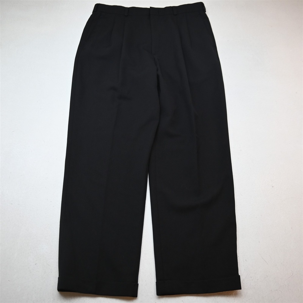 Vtg Y2K 2000s 34x32 Black Wool Pleated Cuffed High Waist Baggy Dress Mens Pants